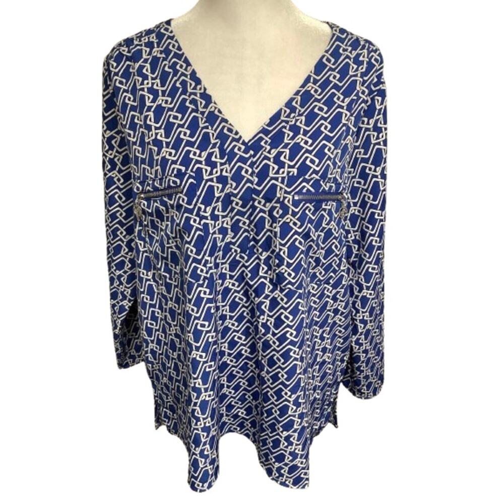 Adrienne Vittadini Blue/White Geometric Print Long Sleeve Top L Preppy, Bold - Picture 1 of 7